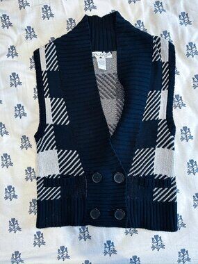 Buffalo Plaid Sweater Vest Cardigan Chunky Knit Black White Y2K | Size XL
